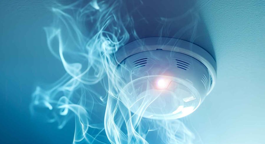 Smoke detector with smoke and glowing signal lamp under the ceiling