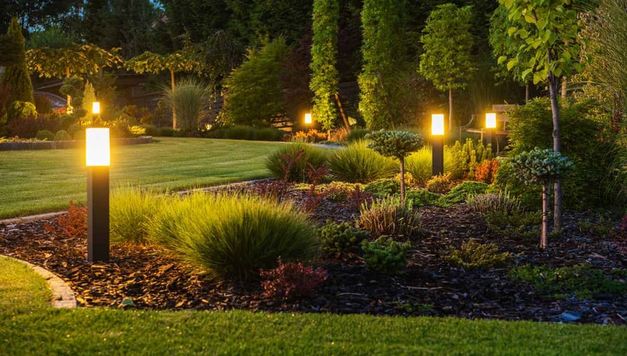 Panoramic Photo of LED Light Posts Illuminating a Backyard Garden During Night Hours